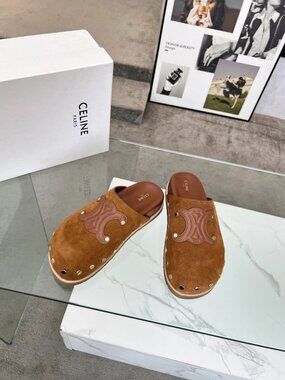 CELINE Calfskin Leather Triomphe Embossed Mules Slides Slippers
